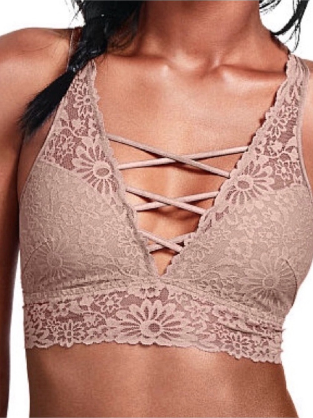 Victoria's Secret PINK Lace-Up Plunge Wildflower Multiway Bralette Bra Sz S NWOT